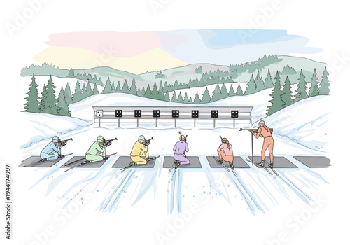 Biathlon athletes compete in a winter shooting range with targets and snowy mountains in the background