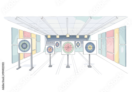 Indoor shooting range with multiple colorful targets and bright lighting for practice