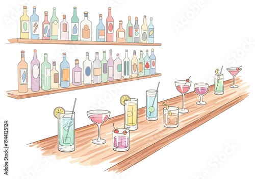 Colorful bottles on shelves and assorted cocktails on a wooden bar counter, hand-drawn style