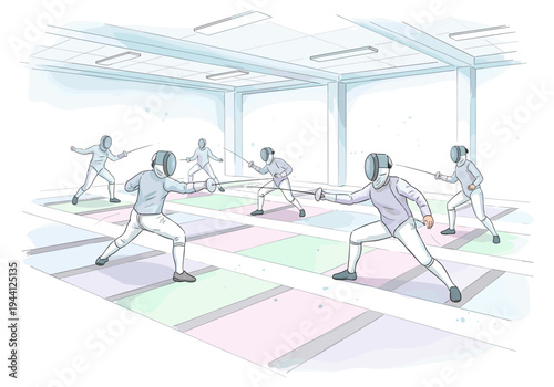 Fencers engaged in a duel on a colorful piste in a bright, modern indoor arena