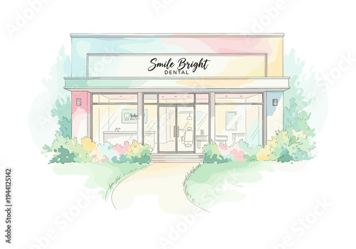 Modern dental clinic exterior with a welcoming entrance and lush green landscaping