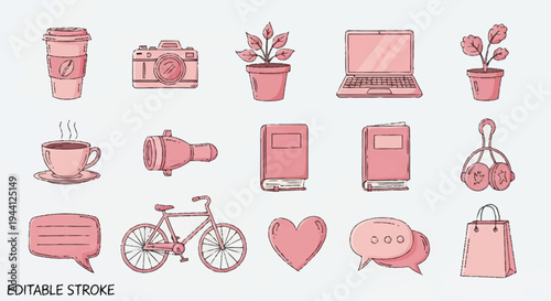 Collection of pink icons representing various objects and symbols.