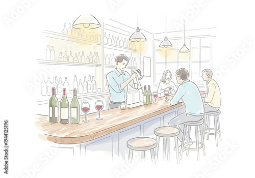 Bartender serving drinks to customers at a bar with wine bottles and glasses