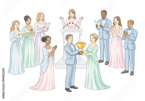 Award ceremony celebration with people in formal attire receiving a trophy and applauding