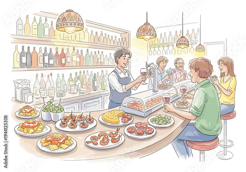 People enjoying tapas and wine at a lively bar with a bartender serving drinks