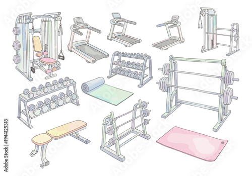 Collection of fitness equipment for a home gym or commercial fitness center