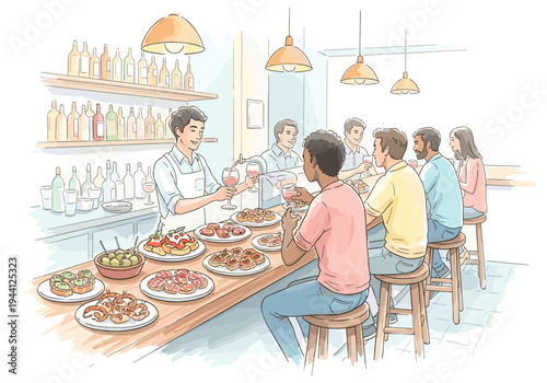 People enjoying tapas and wine at a lively bar with a bartender serving drinks