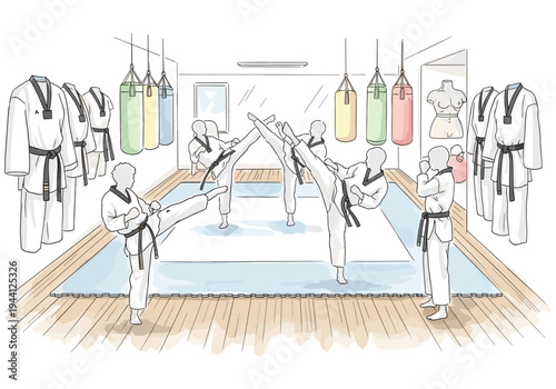 Martial arts students practice high kicks and punches in a dojo with punching bags and uniforms