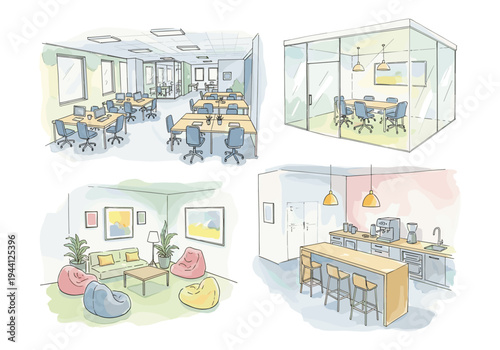 Modern office interior design with collaborative spaces, meeting room, lounge, and kitchen area