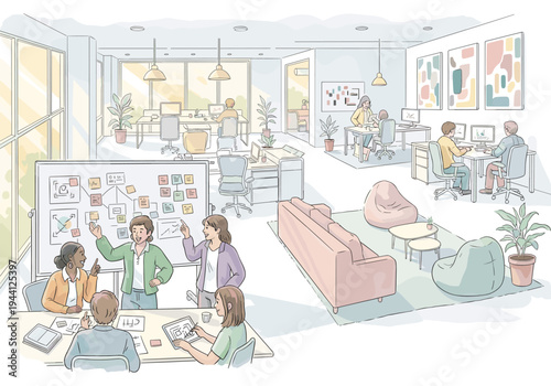 Diverse team collaborates on strategy using whiteboard and sticky notes in modern office space