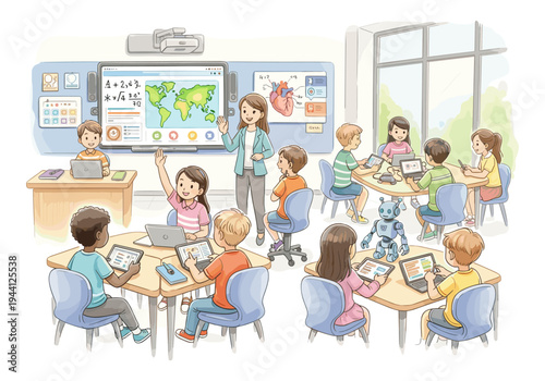 Modern classroom with diverse students engaged in technology and interactive learning activities