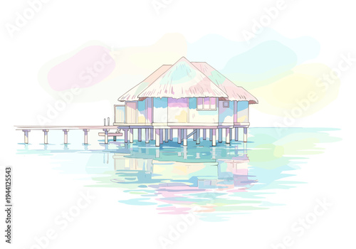 Serene overwater bungalow with thatched roof reflected in calm turquoise ocean waters