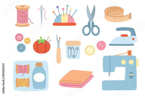 Sewing and Tailoring Tools Collection, Sewing Machine, Thread, Scissors, and Needlework Accessories Flat Vector Illustration