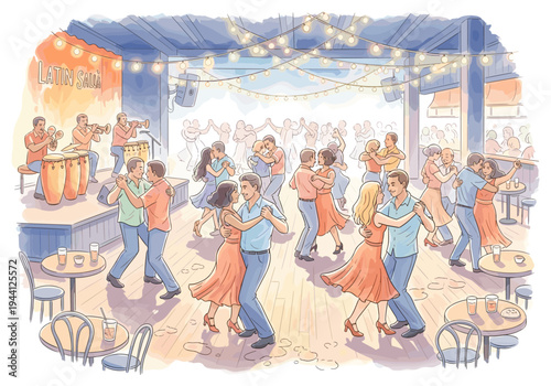 Vibrant Latin salsa club filled with couples dancing and a live band playing energetic music