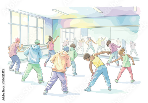 Diverse group of young people practicing dance moves in a bright studio with mirrors