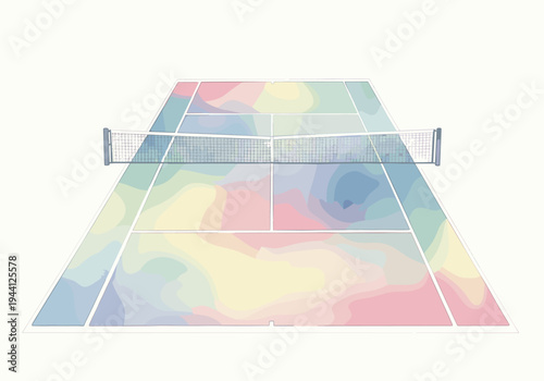 Abstract colorful tennis court illustration with a net and court lines