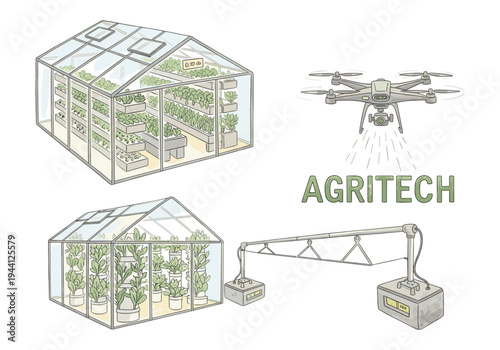 Modern agriculture with greenhouses, drones, and automated systems for efficient crop production