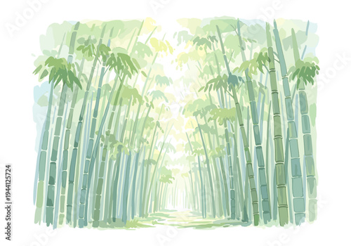 Serene bamboo forest path bathed in soft, ethereal light, creating a tranquil atmosphere