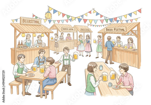 People enjoying beer at a lively outdoor festival with traditional stalls and colorful decorations