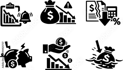 6 Premium Icons of Loss in Invesment. Graphic Elements. Business and Finance Illustration. Design Element. Clip art. Suitable for artwork design. Editable for any design.