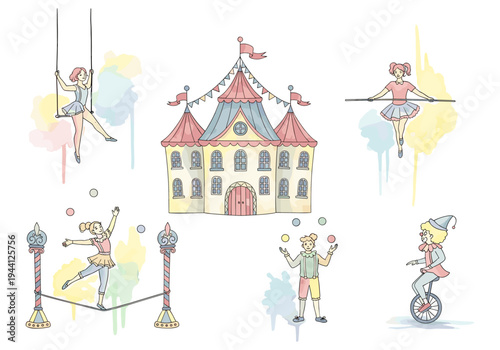 Whimsical circus performers entertain in front of a colorful tent building illustration