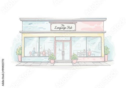 Illustration of a language learning center with students studying inside