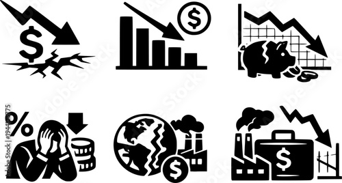6 Premium Icons of  Economic Crisis. Graphic Elements. Business and Finance Illustration. Design Element. Clip art. Suitable for artwork design. Editable for any design.