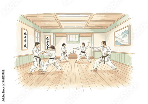 Karate practitioners in a dojo engage in martial arts training and sparring sessions