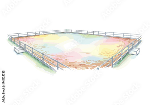 Watercolor illustration of an empty horse riding arena with colorful ground and white fence
