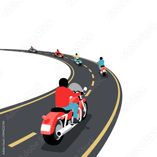 Motorcycle Group Riding Along a Winding Highway with Yellow Lines