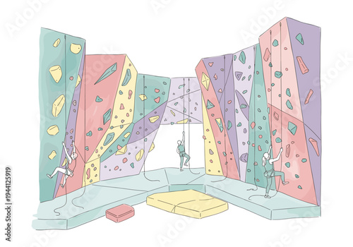 Colorful indoor climbing gym with people bouldering and top-roping
