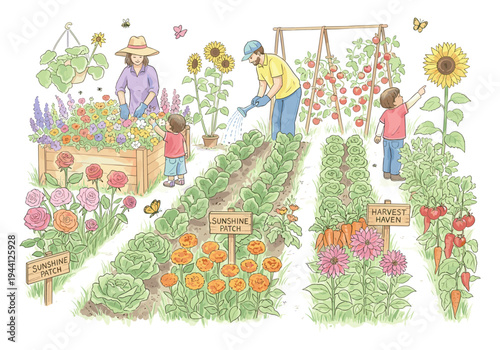 Family tending to a vibrant garden with diverse vegetables and flowers, enjoying nature