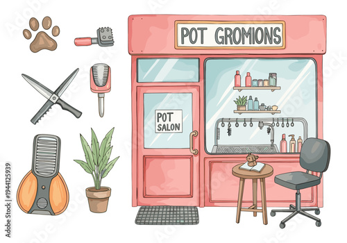Charming cartoon illustration of a pet grooming salon with tools and supplies