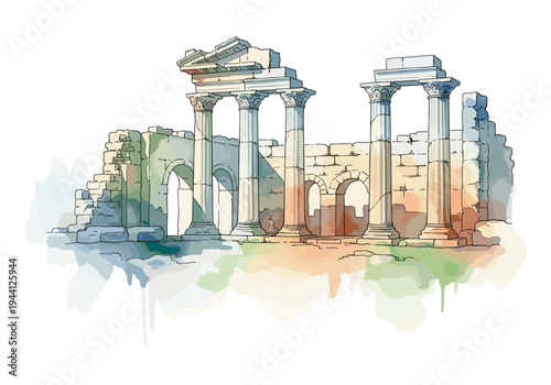 Ancient Roman ruins with Corinthian columns and crumbling stone walls, artistic illustration