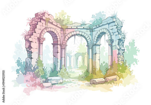 Watercolor illustration of ancient stone ruins overgrown with lush vegetation and soft pastel colors