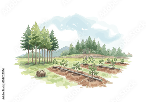 Young orchard with drip irrigation system and mature pine trees in the background