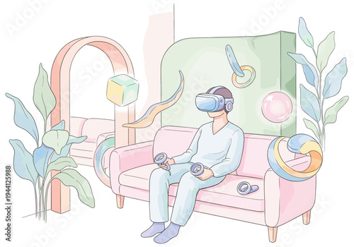 Person wearing VR headset sitting on a couch, immersed in a surreal digital world with abstract shapes