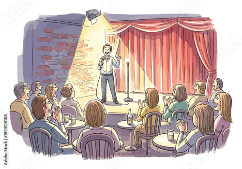 Comedian on stage telling jokes to an applauding audience in a dimly lit club