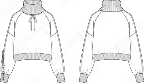 Women Cropped Raglan Sleeve Turtleneck Sweater with Drawstring Technical Flat Sketch, Front and Back View CAD Drawing Flat Vector Illustration