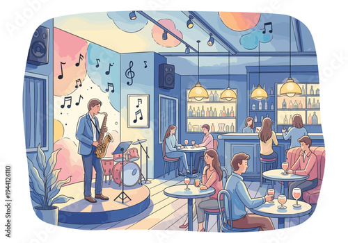Live jazz music performance in a cozy bar with patrons enjoying drinks and conversation