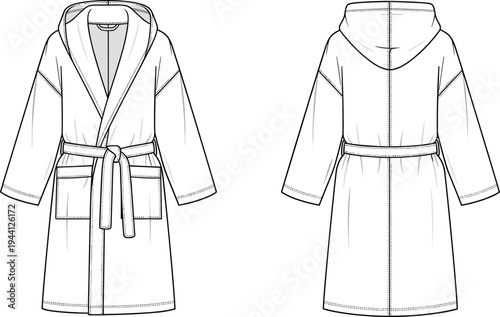 Unisex hooded bathrobe fashion technical sketch, front and back view, apparel template, lounge wear, cad drawing flat vector illustration, bathrobe
