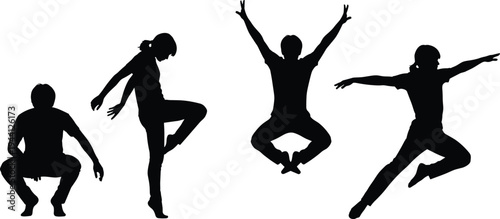 Jumping people silhouettes set, energetic youth jumping dancing active lifestyle celebration motion poses isolated, flat vector illustration