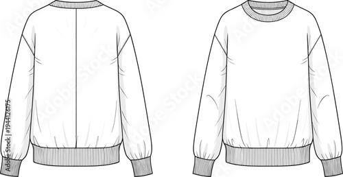 Women oversized sweatshirt crew neck fashion technical sketch, front and back view, apparel template, cad drawing flat vector illustration, streetwear