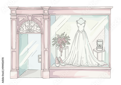 Elegant wedding dress displayed in a boutique window with flowers and ring