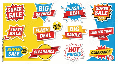 Collection of Sale and Discount Labels and Stickers.