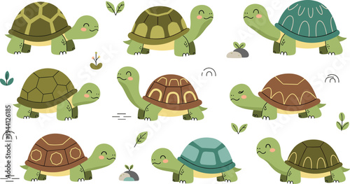 Cute Turtle Cartoon Vector Collection Featuring Adorable Turtles Walking, Crawling and Smiling with Colorful Shell Patterns, Leaves, Stones and Nature Elements.