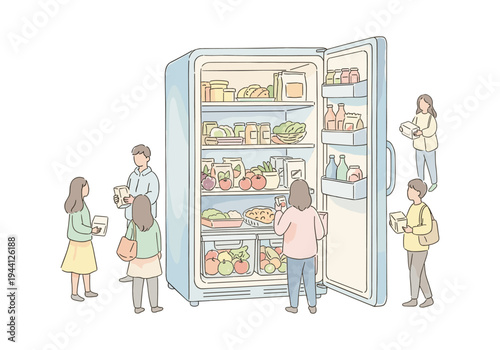 Diverse group of people organizing groceries and stocking a large, open refrigerator with fresh food