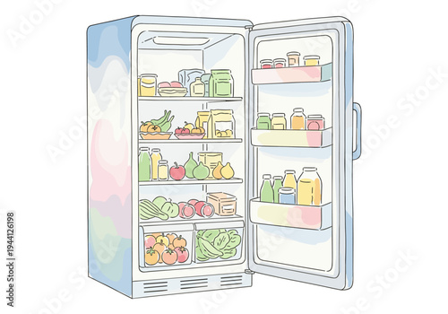 Open refrigerator filled with colorful fruits, vegetables, and jars of food