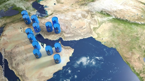 Oil Barrels on Middle East Map, Global Petroleum Industry Concept - 3D rendering