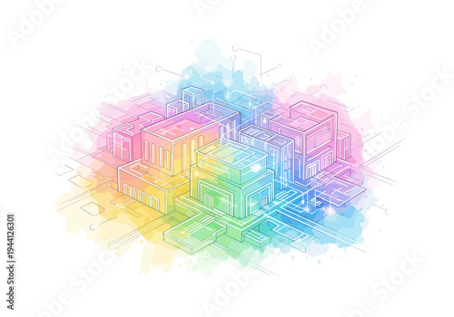 Abstract isometric city buildings with colorful watercolor background and digital network lines